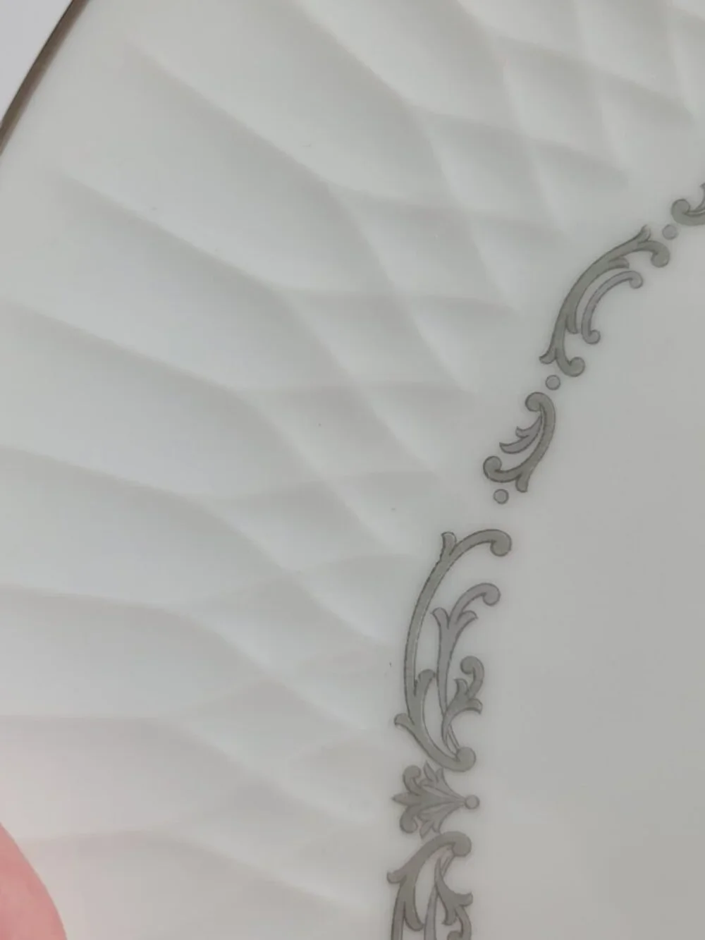 TWO Noritake 6350 Camden Dinner Plates White with Gray Scrolls 10 5/8 Inch Plate